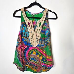 Trina Turk Silk Colorful Paisley Crochet Womens Medium Green Sleeveless Tank Top